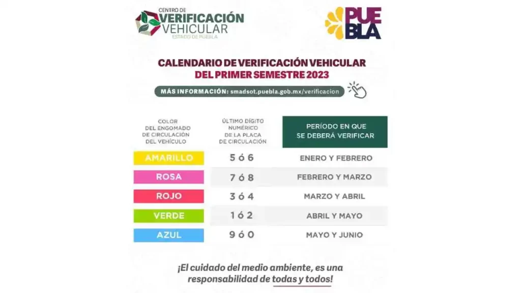 Calenario de Verificación Vehicular en Puebla