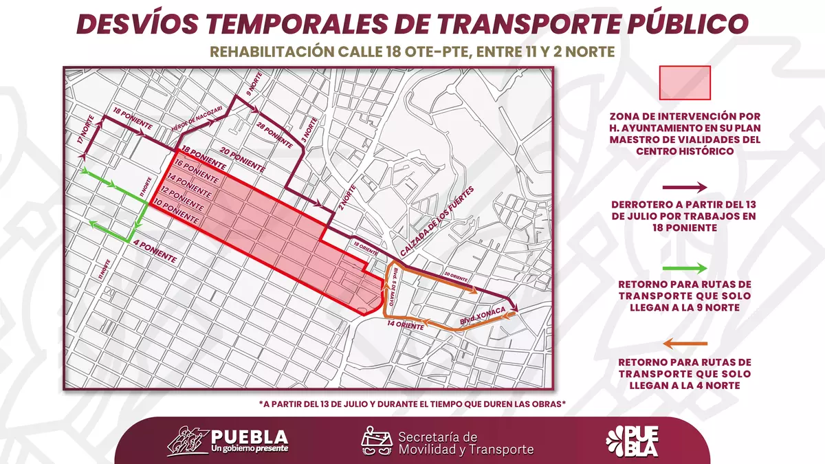 30 rutas del transporte público se desvían por obras en el centro de Puebla