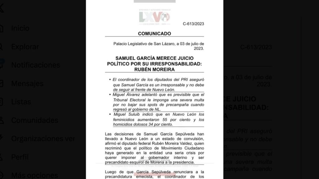 PRI va por juicio político contra Samuel García