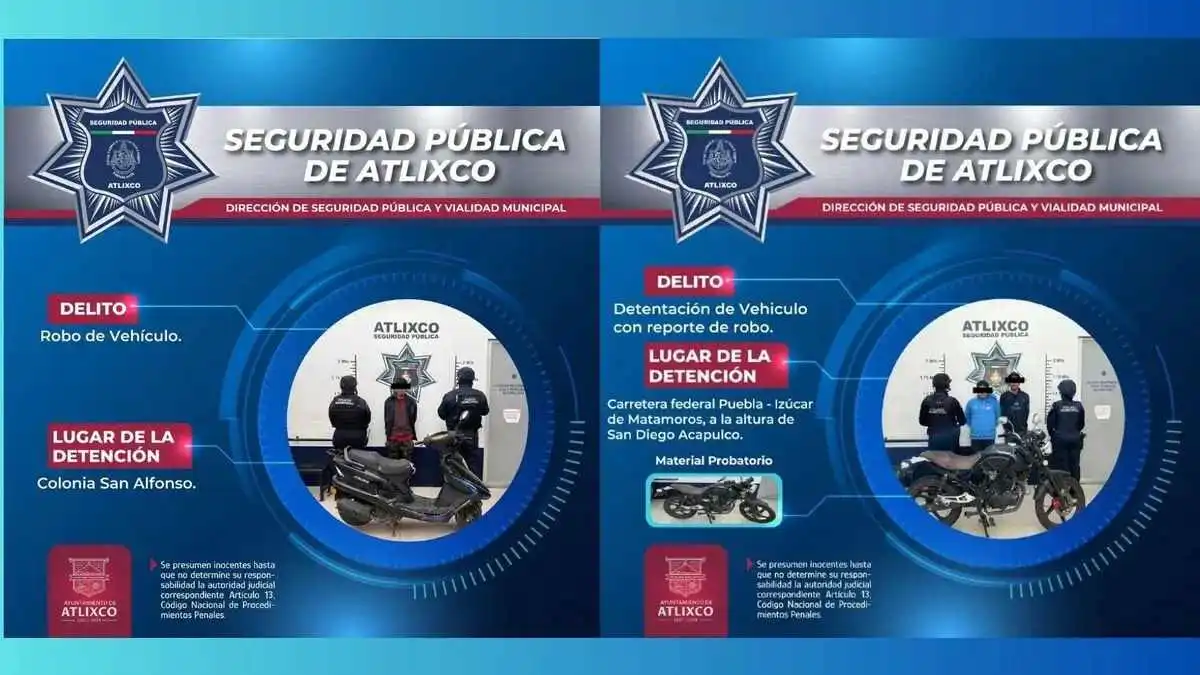 Policías Municipales de Atlixco recuperan motocicletas robadas